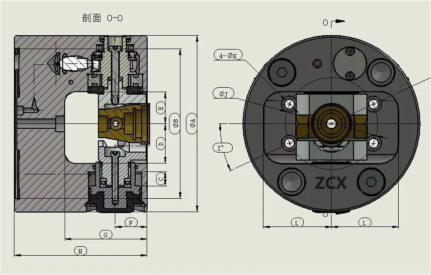 Indexing chuck section drawing used to review rotating mass and structure