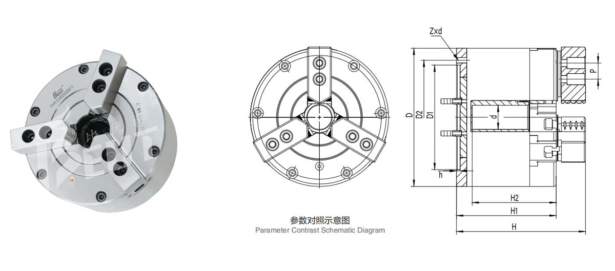 三爪半通孔气动卡盘结构尺寸示意图