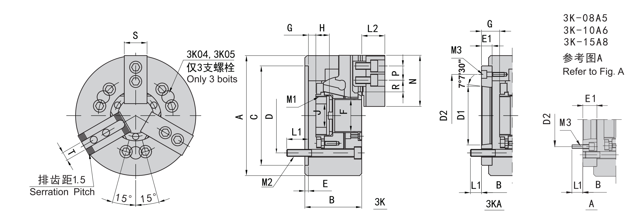3-Jaw Hollow Hydraulic Chuck technical drawing