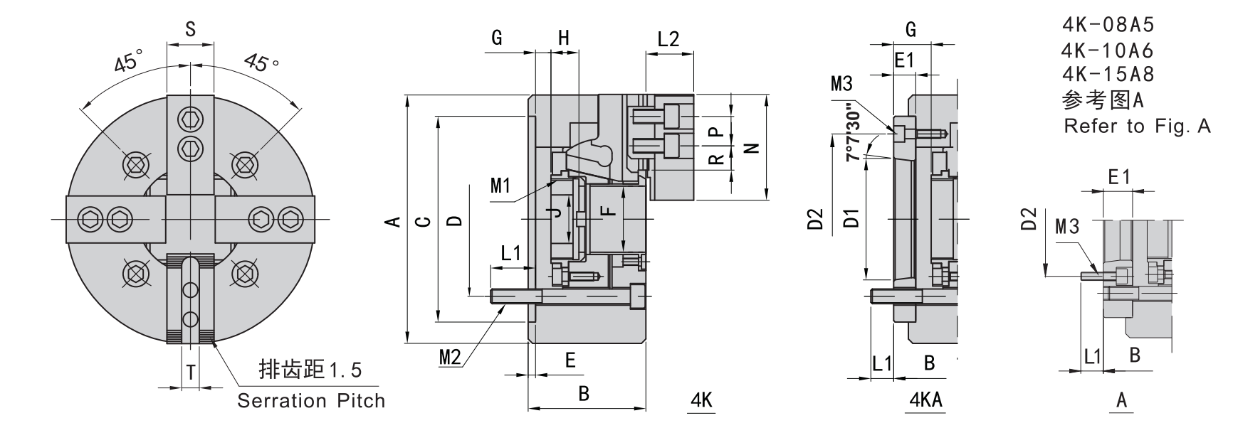 4-Jaw Hollow Hydraulic Chuck technical drawing