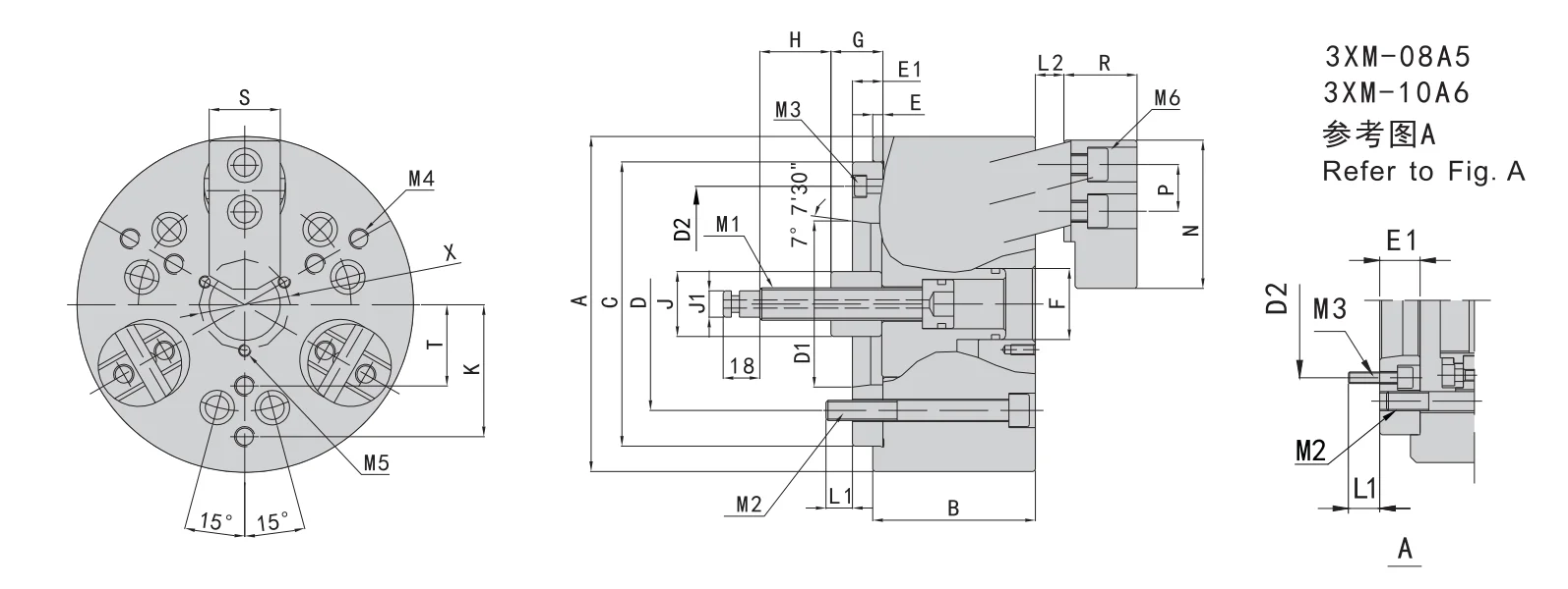 Pull-back hydraulic chuck technical drawing showing drawdown clamping structure